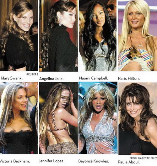 Angelina Jolie, Hillary Swank, Paris Hilton, Beyoncé Knowles, Naomi Campbell, Jennifer Lopez